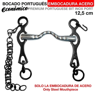 Bocado português com embocadura em aço inoxidável, laterais e corrente pretas