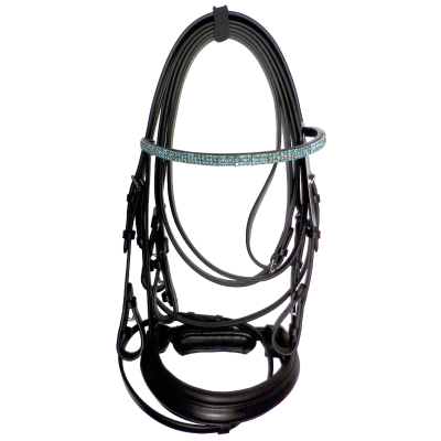 Bridão de couro preto para cavalo com franja azul de cristais