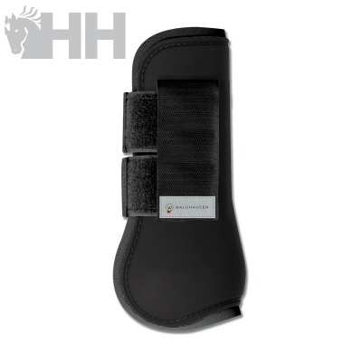 Perneira preta para equitação com fechos de velcro e etiqueta WALDHAUSEN