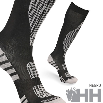 Meias técnicas pretas com padrão pied-de-poule cinzento e detalhes em riscas cinzentas