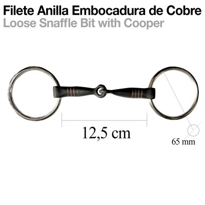 Filete Anilla Embocadura de Cobre com argolas metálicas e parte central preta com detalhes em cobre