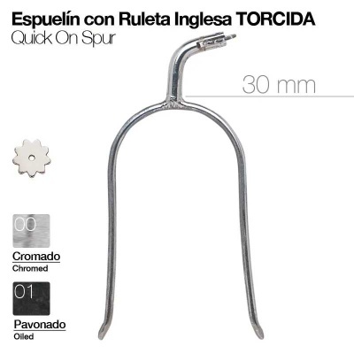 Espora metálica com ruleta inglesa torcida, acabamento cromado ou oleado, 30 mm