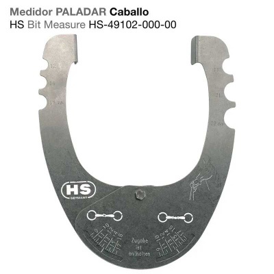 Medidor metálico para paladar de cavalo com marcações e texto em alemão