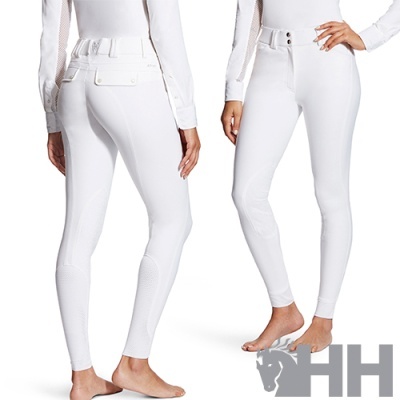 Calças de equitação femininas brancas com texturas antiderrapantes e bolsos falsos