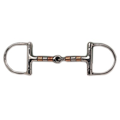 Equipamento equestre metálico com argolas em forma de D e barra segmentada prateada com detalhes em cobre