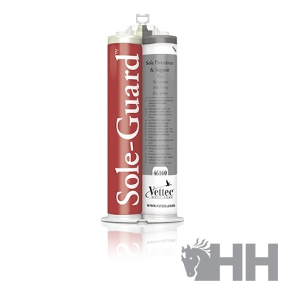 Embalagem cilíndrica dupla Sole-Guard vermelha e cinza com texto e logo Vettec.