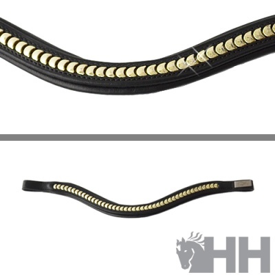 Fivela de couro preto com detalhes dourados e logo HH