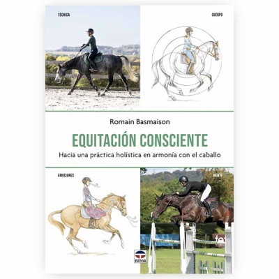 Capa de livro sobre equitação consciente com fotos e desenhos de cavaleiros e cavalos.