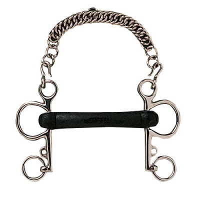 Freio de cavalo metálico com boca preta e corrente