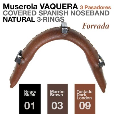 Muserola vaquera castanha com 3 passadores metálicos, texto e amostras de cores