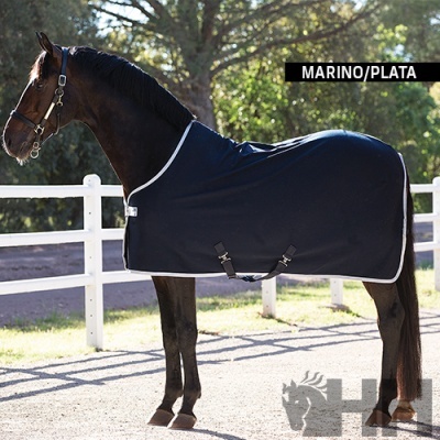 Cavalo com manta azul-marinho prateada junto a vedação branca