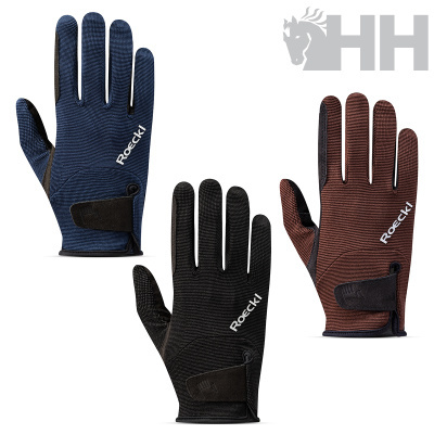Três pares de luvas Roeckl em azul, preto e castanho com fecho de velcro e logotipo branco
