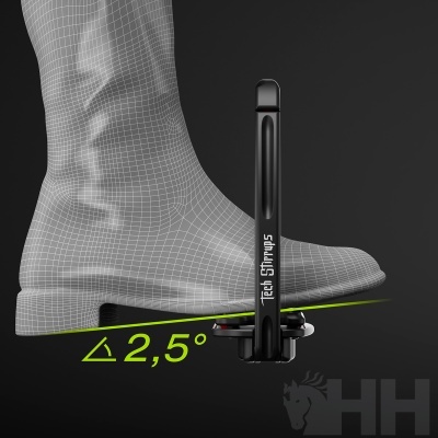 Estribo preto Tech Stirrups com sapato cinza e indicação de ângulo 2,5°.