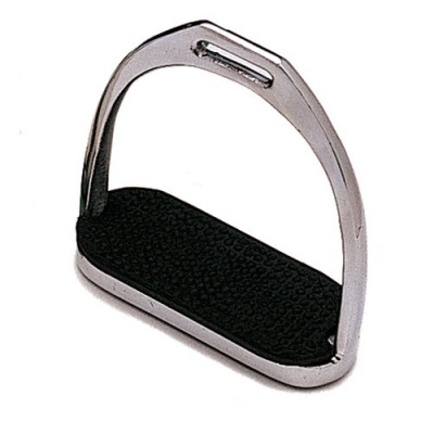Estribo de cavalo em metal prateado com suporte preto