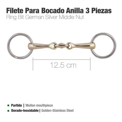 Filete para bocado anilla 3 piezas em aço dourado de 12,5 cm