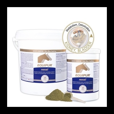 Recipientes de suplemento Equipur renal para cavalos com pó verde e colher