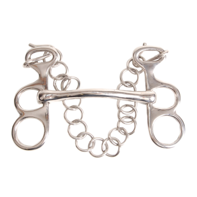 Freio metálico para cavalo com corrente central e peças laterais em fundo branco