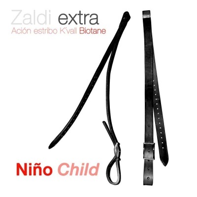 Dois estribos de montar em couro preto com texto informativo ao lado