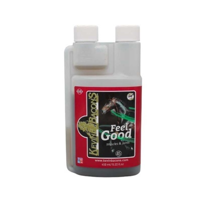 Embalagem plástica com tampa dupla e etiqueta vermelha de produto Kevin Bacons Feel Good para músculos e articulações.