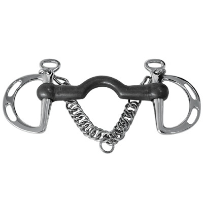 Freio para cavalo com bocados metálicos e corrente central