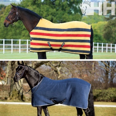 Dois cavalos com mantas, uma amarela com riscas vermelhas e pretas e outra azul escura, em exterior.