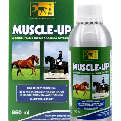 Produto Muscle-Up para cavalos com rótulo verde e imagens de cavalos