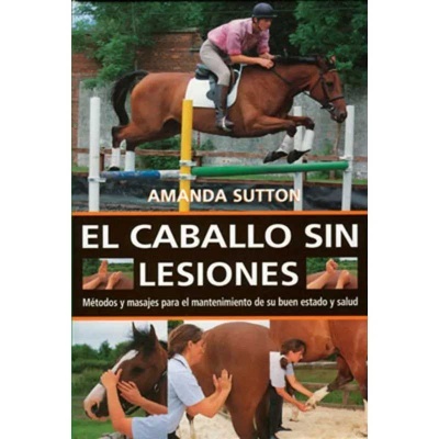 Capa de livro sobre cuidados e massagens em cavalos com imagens de cavalo e cavaleiro.