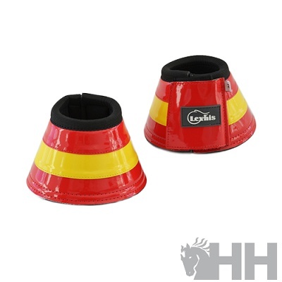 Proteções para cascos de cavalo vermelhas e amarelas com interior negro e etiqueta Lexhis
