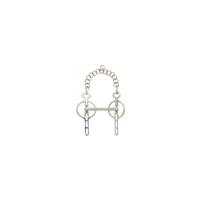 Freio para cavalo metálico prateado com argolas e corrente