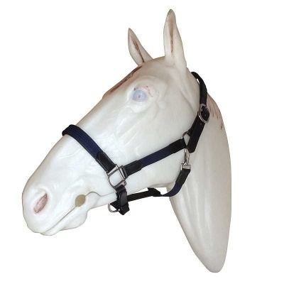 Cabresto para cavalo preto e azul em cabeça de cavalo branca plástica