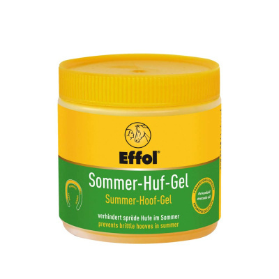 Frasco amarelo e verde de gel para cascos de cavalo Effol com tampa amarela.