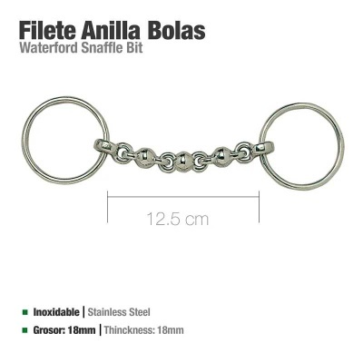 Filete Anilla Bolas Waterford Snaffle Bit em aço inoxidável com argolas e bolinhas metálicas