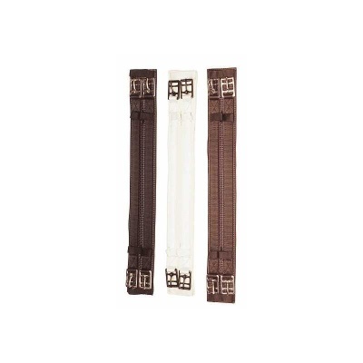 Três correias de montaria em couro sintético castanhas e branca com fivelas metálicas.