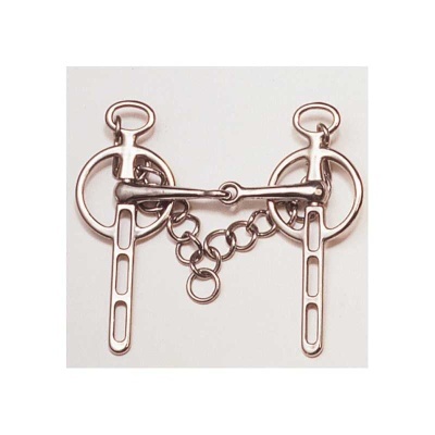 Freio metálico prateado para equitação com argolas e corrente central