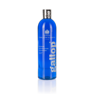 Frasco de champô azul com texto branco e tampa prateada