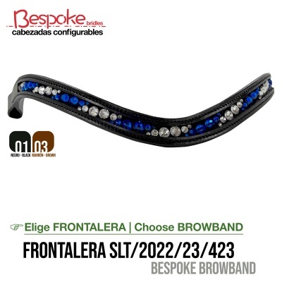 frontalera preta com pedras azuis e transparentes para cabresto com texto de especificações
