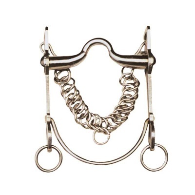Freio metálico prateado para cavalo com corrente e anéis circulares