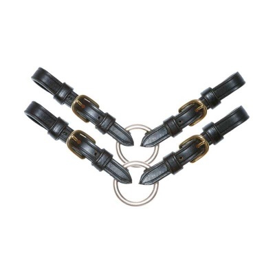 Conjunto de correias pretas em couro com fivelas douradas e argolas metálicas prateadas