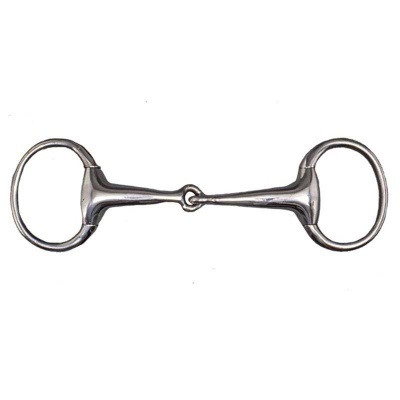 Freio prateado de metal para cavalo com argolas redondas e peça articulada ao centro