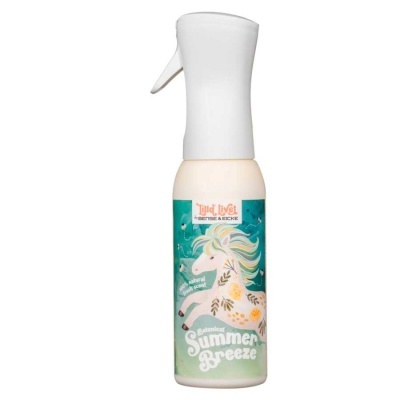 Frasco pulverizador branco com etiqueta colorida e ilustração de cavalo