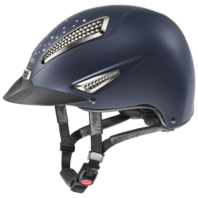 Capacete azul escuro com viseira preta e tiras de fixação