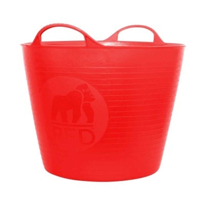 Balde vermelho de plástico com pegas e logótipo de gorila