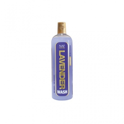 Frasco plástico translúcido com líquido roxo e rótulo azul 'LAVENDER WASH'.