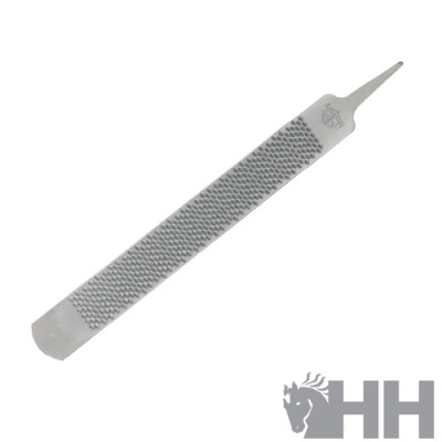 Lima metálica para cavalos cinzenta com textura áspera e cabo com ponta estreita, logotipo HH