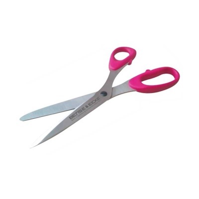 Tesoura metálica com punhos cor-de-rosa e inscrição BENSE & EICKE