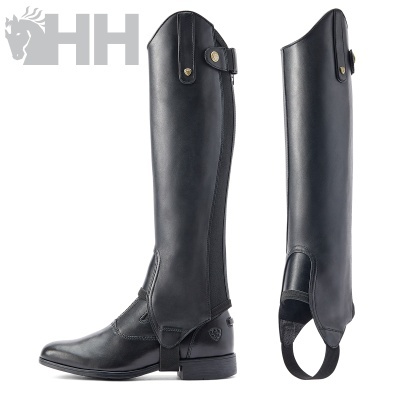 perneiras de couro pretas com hebilhas e correia elástica