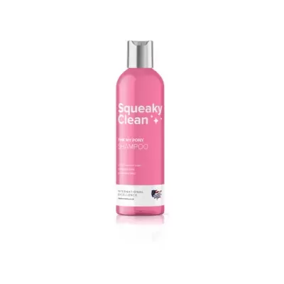 Frasco rosa de champô Squeaky Clean com tampa prateada