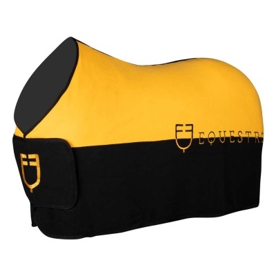 Capa para cavalo polar amarela e preta com texto EQUESTRIAN
