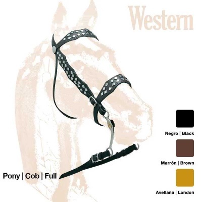 Freio western de couro preto com padrão trançado e fivelas metálicas prateadas