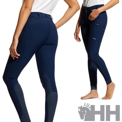 Calças de equitação azul escuro com detalhes texturados e zíperes laterais